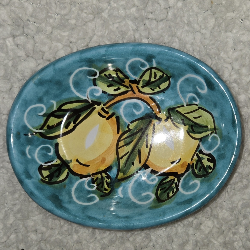 Vibrant Hand Painted Italian Ceramic Lemon Small Bowl Platter - Teal and Yellow
